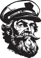 Retro old sailor with beard 60s style old man. Retro comics sailor head, People in retro style, black and white ink drawing, American cartoon advertising illustration, vector, SVG