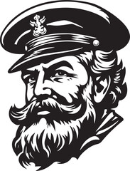 Retro old sailor with beard 60s style old man. Retro comics sailor head, People in retro style, black and white ink drawing, American cartoon advertising illustration, vector, SVG