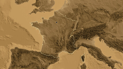 Shape of France. Outlined. Sepia elevation.