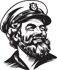 Retro old sailor with beard 60s style old man. Retro comics sailor head, People in retro style, black and white ink drawing, American cartoon advertising illustration, vector, SVG