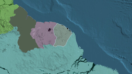 Shape of French Guiana. Outlined. Administrative.