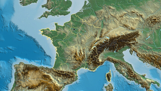 Shape of France with regional borders. Relief.