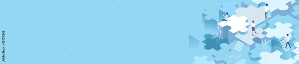 Wall mural vector people and puzzle isometric background illsutration