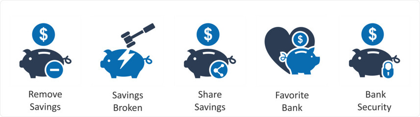 A set of 5 business icons as remove savings, savings broken, share savings