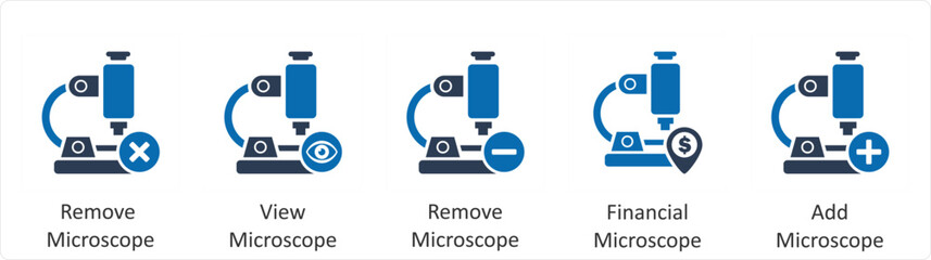 A set of 5 business icons as remove microscope, view microscope, financial microscope