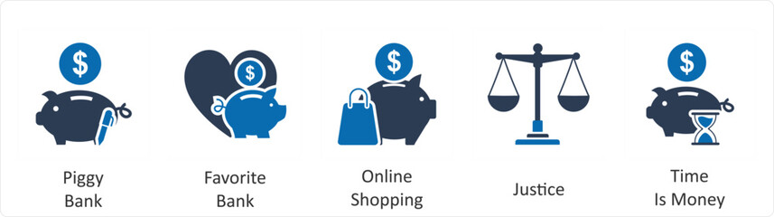 A set of 5 business icons as piggy bank, favorite bank, online shopping