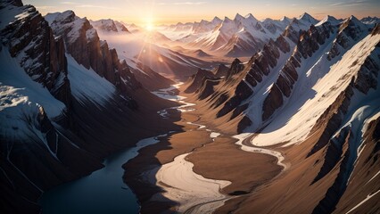 Mountain landscape at sunset. Panoramic view of snow-capped mountains, lake and blue sky.