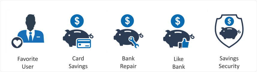 A set of 5 business icons as favorite user, card savings, bank repair