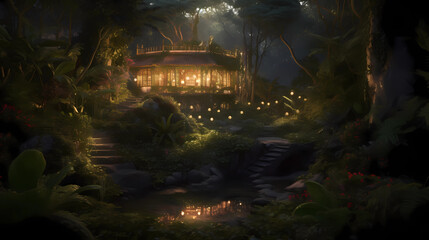 Fototapeta premium The interior is an architectural marvel, seamlessly blending nature with design. A cascading waterfall flows gently into a crystal-clear pond, surrounded by a mosaic of stones forming a path that lead