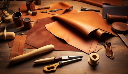 Leather craft or leather working. Selected pieces of beautifully colored or tanned leather on leather craftman's work desk . Piece of hide and working, Generative AI
