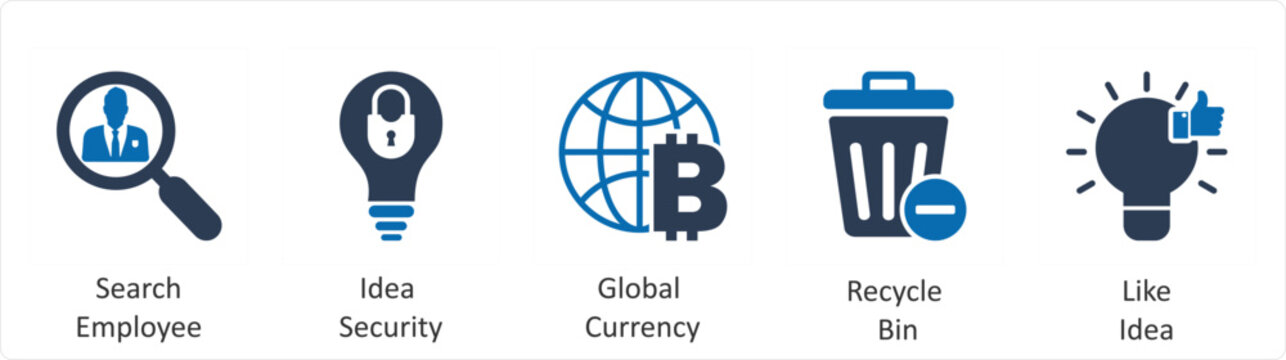 A set of 5 business icons as search empolyee, idea security, global currency