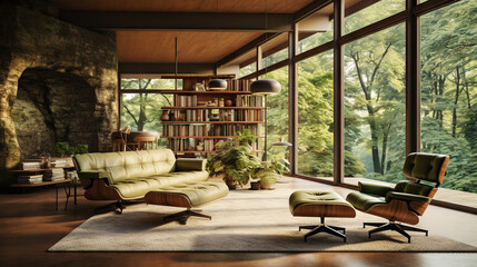 Fototapeta premium Modern room in house surrounded with forest. Large windows, organic architecture. Generative AI