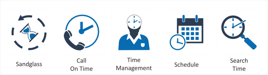 A set of 5 business icons as sandglass, call on time, time management