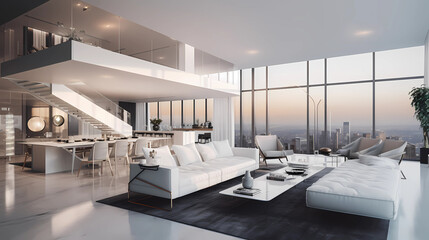 The interior exudes a sleek and minimalist aesthetic, with clean lines and futuristic elements. A state-of-the-art indoor garden stretches across one side of the penthouse, filled with rare and exotic