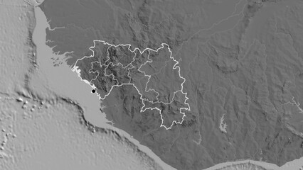 Shape of Guinea with regional borders. Bilevel.