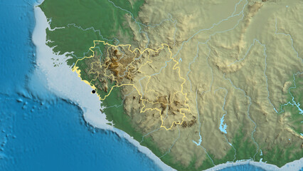 Shape of Guinea with regional borders. Relief.