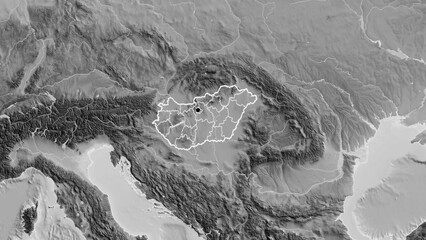 Shape of Hungary with regional borders. Grayscale.