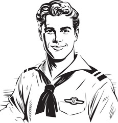Retro sailor 60s style young man. Retro comics  sailor head, People in retro style, black and white ink drawing, American cartoon advertising illustration, vector, SVG
