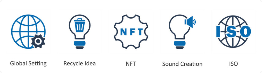 A set of 5 business icons as global setting, recycle idea, nft