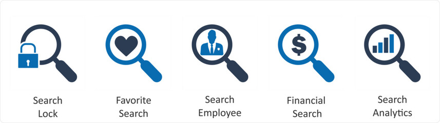 A set of 5 business icons as search lock, favorite search, search employee