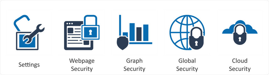 A set of 5 business icons as settings, webpage security, graph security