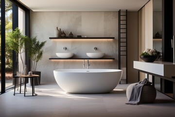 Fototapeta na wymiar Modern And Sleek Bathroom With Freestanding Bathtub, Generative AI