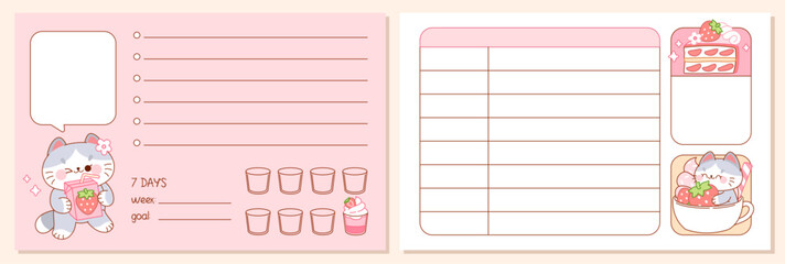 Kawaii Note Pad set with cat and strawberry dessert food. Weekly Plan, To Do List, Check List. Cute Memo Pads, Stationery, Sticky Note for task planning and study.