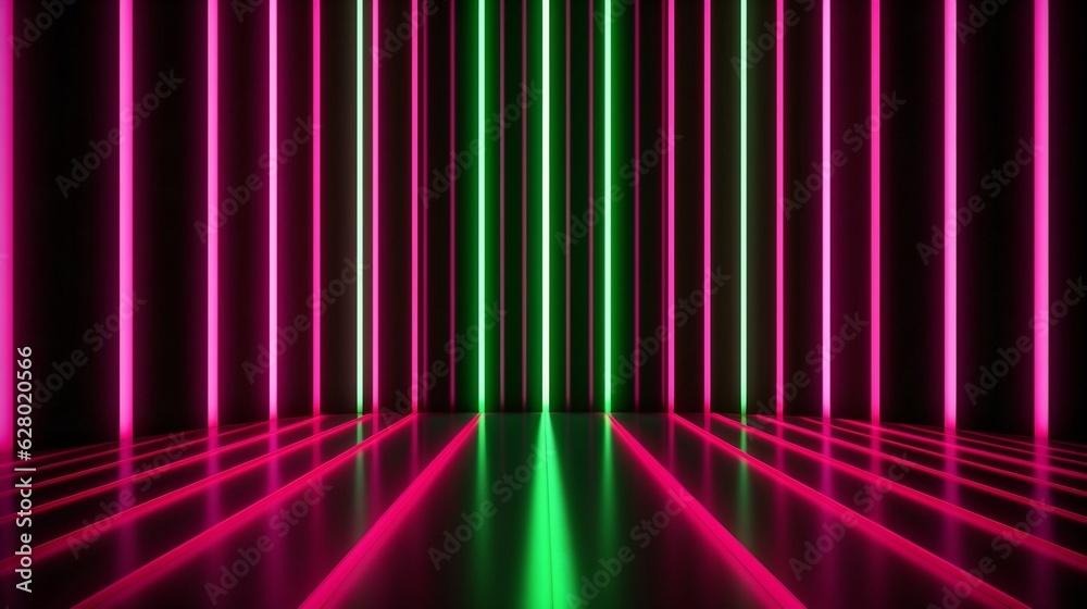 Poster Generative AI : Futuristic Sci-Fi Abstract Glowing Neon Green and Hot Pink Neon Light Shapes On Black Background And Reflective Concrete With Empty Space For Text 3D Rendering Illustration