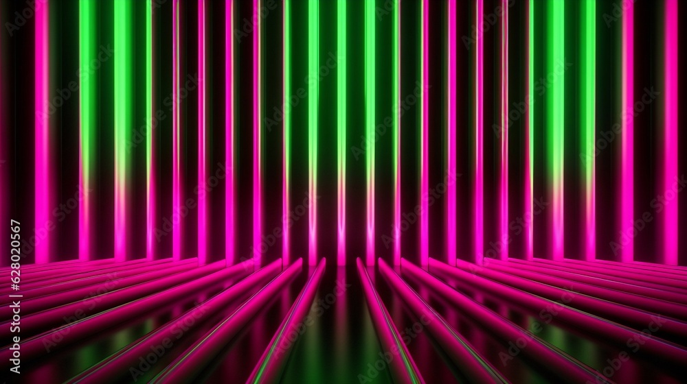 Poster Generative AI : Futuristic Sci-Fi Abstract Glowing Neon Green and Hot Pink Neon Light Shapes On Black Background And Reflective Concrete With Empty Space For Text 3D Rendering Illustration