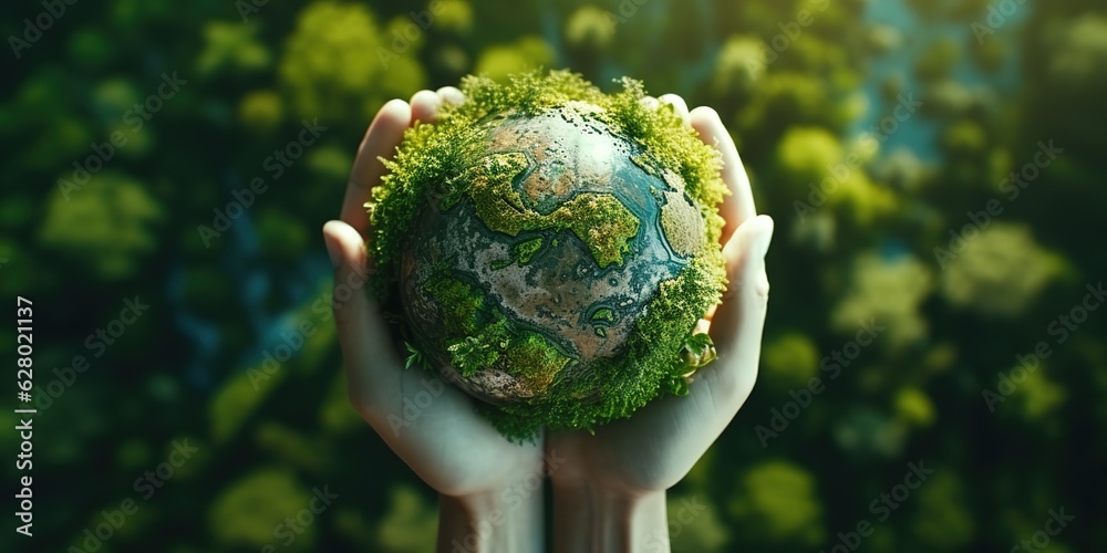 Aufkleber top view of a green forest with a globe, green planet in your hands.