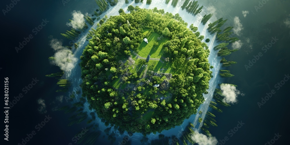 Poster top view of a green forest with a globe, green planet in your hands.