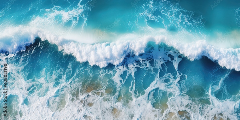 Poster impressive top view of the ocean sea water, white waves splashing in the deep sea. .