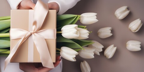 Fototapeta na wymiar Child's hands hold a beautiful gift box with ribbon and white tulips.