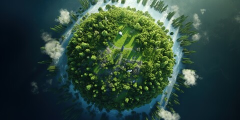 Top view of a green forest with a globe, Green planet in your hands.