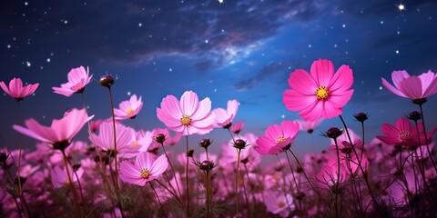 Beautiful pink flower in the garden with night sky and full moon. - obrazy, fototapety, plakaty