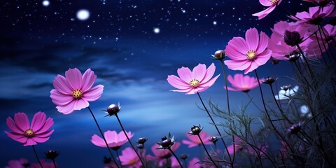 Beautiful pink flower in the garden with night sky and full moon.