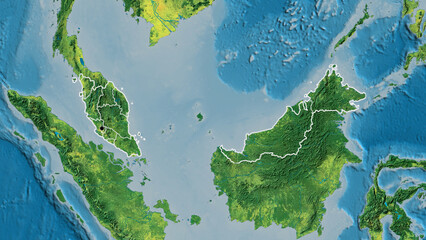 Shape of Malaysia with regional borders. Topographic.