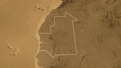 Shape of Mauritania. Outlined. Sepia elevation. © zelwanka