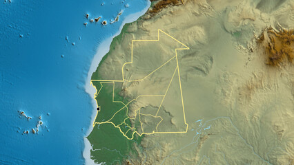 Shape of Mauritania with regional borders. Relief.