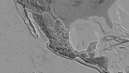 Shape of Mexico with regional borders. Bilevel.