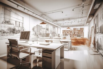 Contemporary office sketch with white furniture & decor, 3D rendered. Generative AI