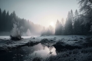 Chilly winter day with frosty scenery. Generative AI