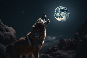 A wolf is howling at the moon. Generative AI