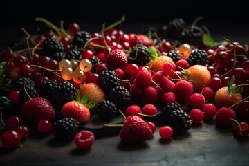 Assorted berries on a dark surface. Generative AI