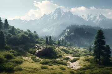 Cinematic illustration of tranquil mountain and lush forest. Generative AI