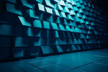 Blue bricks create 3D wall with textured background. Polished triangular blocks. Rendered. Generative AI