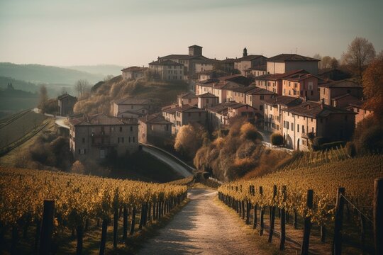 Picture of Neive village and Langhe vineyards in Piedmont, Italy. Generative AI