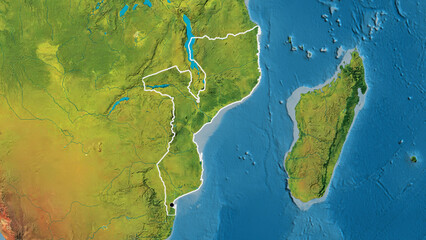 Shape of Mozambique. Outlined. Topographic.