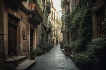 Fototapeta na wymiar A charming street in Barcelona with a cozy atmosphere. Generative AI