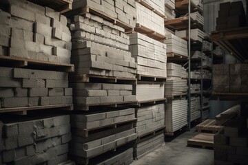 Reinforced concrete building materials for staircases stored at construction site. Generative AI